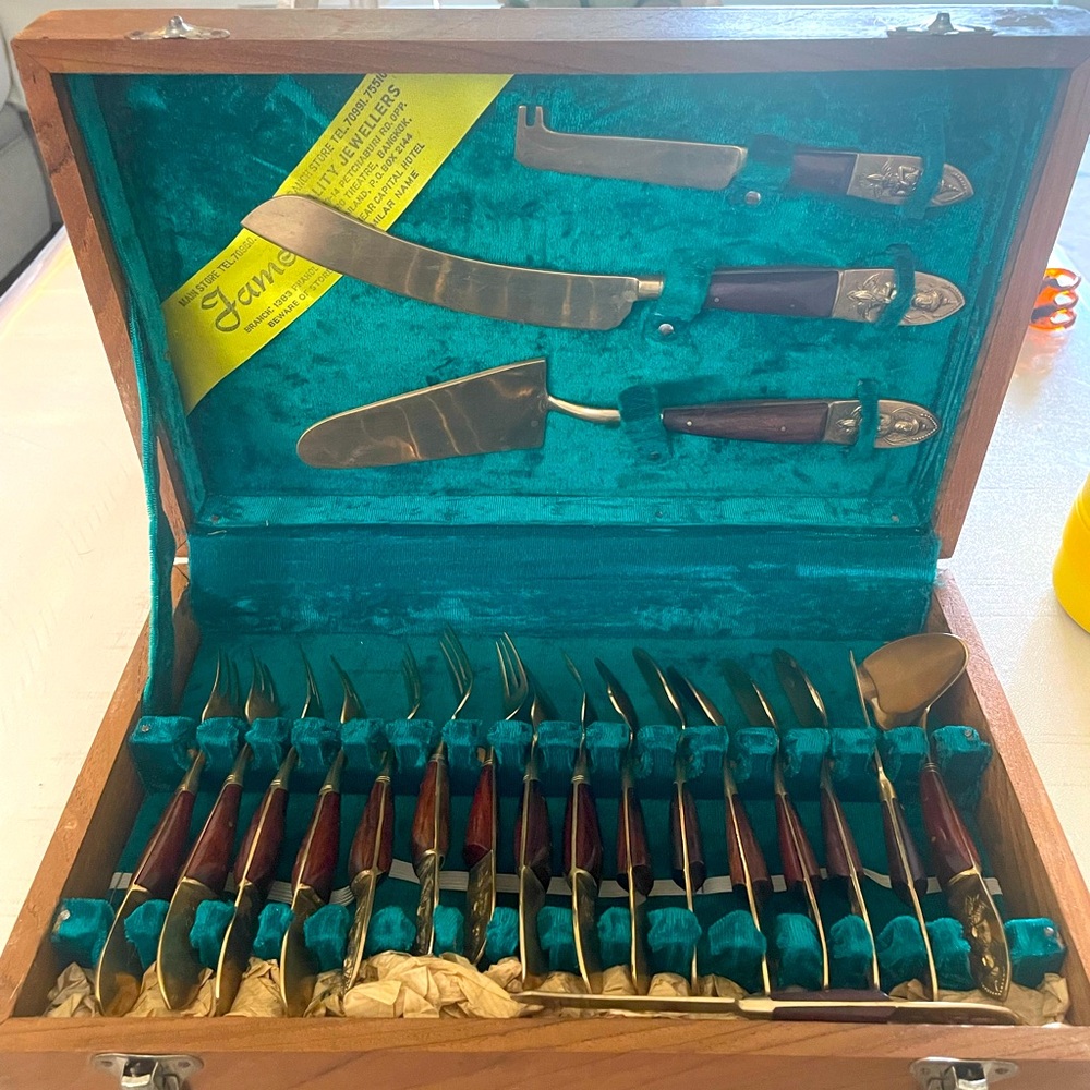 Antique James Siam 20-pc Flatware Set Bronze and Rosewood Thailand 1950’s